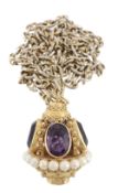 An amethyst and cultured pearl pendant, the ovoid pendant set with four oval...  An amethyst and