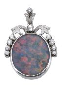 A diamond and opal triplet pendant , the oval opal triplet panel with a...  A diamond and opal