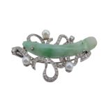 A diamond, jadeite and cultured pearl brooch  A diamond, jadeite and cultured pearl brooch,   the