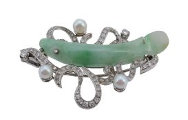 A diamond, jadeite and cultured pearl brooch  A diamond, jadeite and cultured pearl brooch,   the