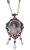 A cultured pearl portrait miniature pendant/brooch  A cultured pearl portrait  miniature pendant/