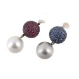 A pair of South Sea cultured pearl and gem set drops  A pair of South Sea cultured pearl and gem set