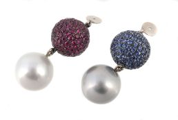 A pair of South Sea cultured pearl and gem set drops  A pair of South Sea cultured pearl and gem set