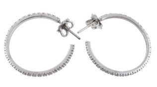 A pair of diamond ear hoops, the hoops set with brilliant cut diamonds  A pair of diamond ear hoops,