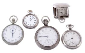 A silver travel watch and four pocket watches, to include  A silver travel watch and four pocket