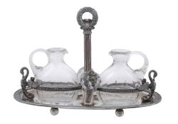 A silver coloured two bottle cruet stand,  A silver coloured two bottle cruet stand,   .800