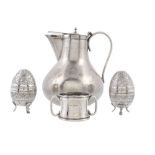 A silver coloured covered jug, indistinct stamped mark  A silver coloured covered jug,