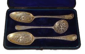 A mid Georgian silver Hanoverian pattern sugar sifter and pair of table spoons  A mid Georgian