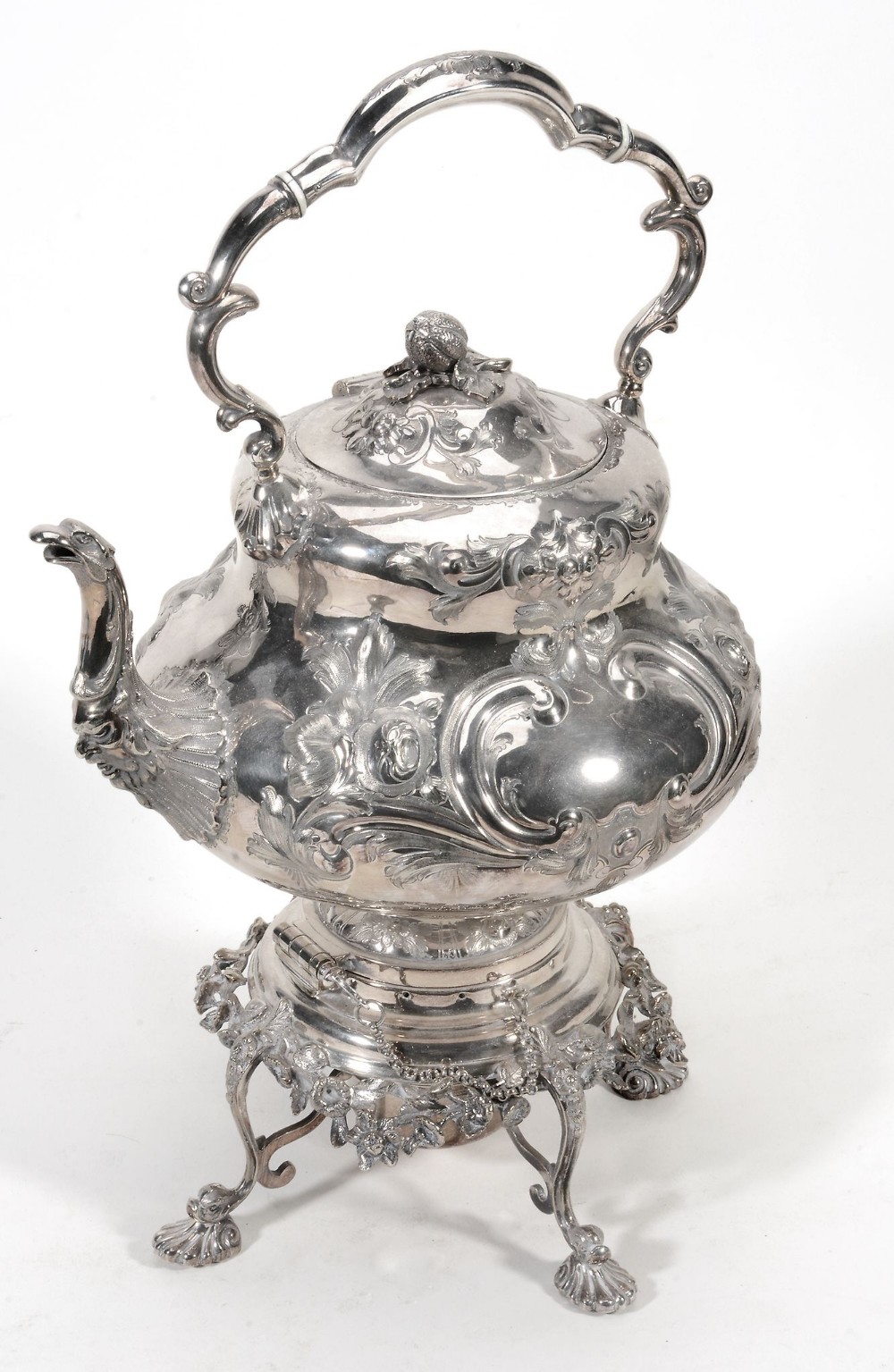 A Victorian electroplated baluster kettle on stand  A Victorian electroplated baluster kettle on