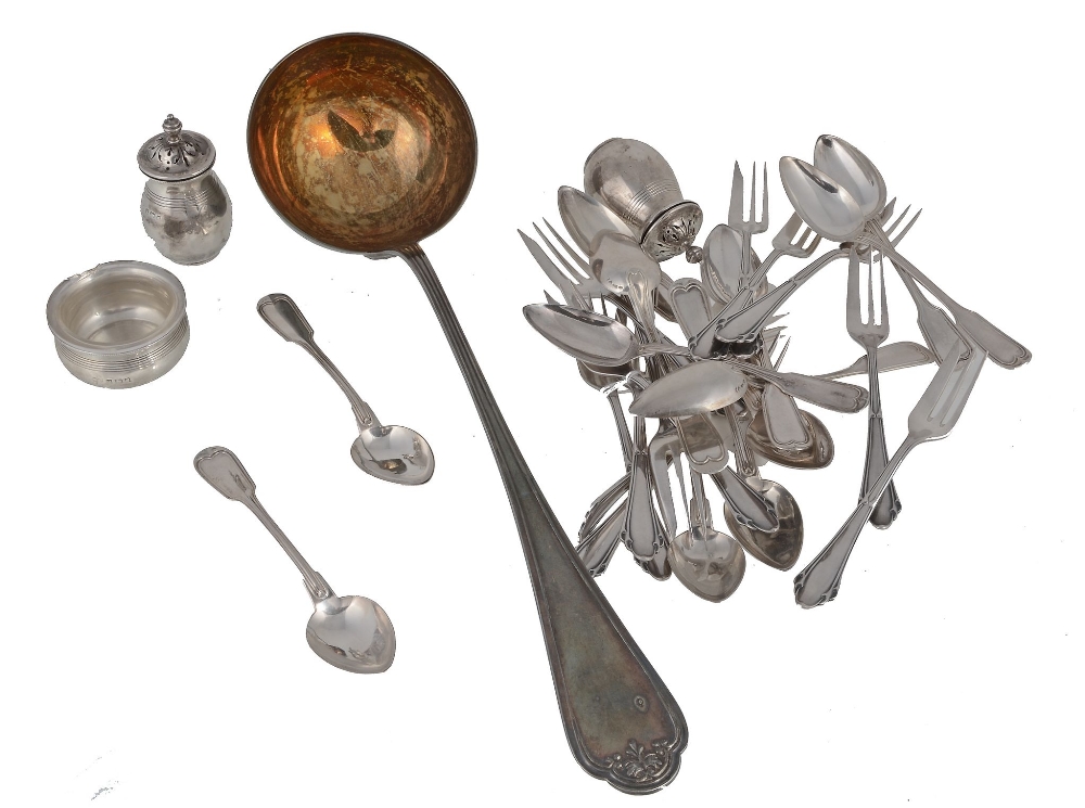 A German silver coloured soup ladle, post 1886  A German silver coloured soup ladle,   post 1886 .