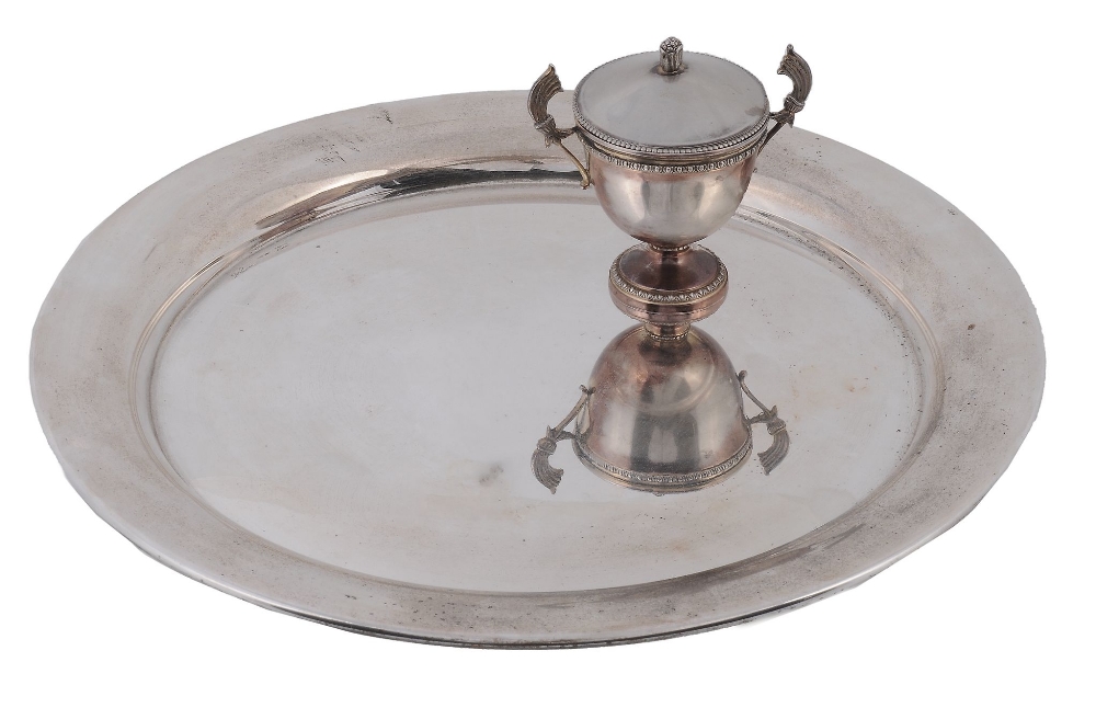 An Italian silver coloured circular tray, stamped 800, other mark obscured, 41  An Italian silver