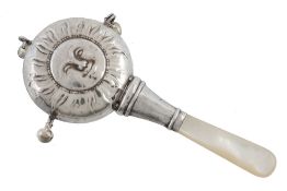 A silver and mother of pearl novelty child's rattle by Crisfold & Norris Ltd  A silver and mother of
