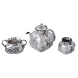 A Chinese export silver rounded square three piece tea service by Tu Mao Xing  A Chinese export