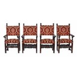 A harlequin set of four upholstered and carved oak framed chairs  A harlequin set of four