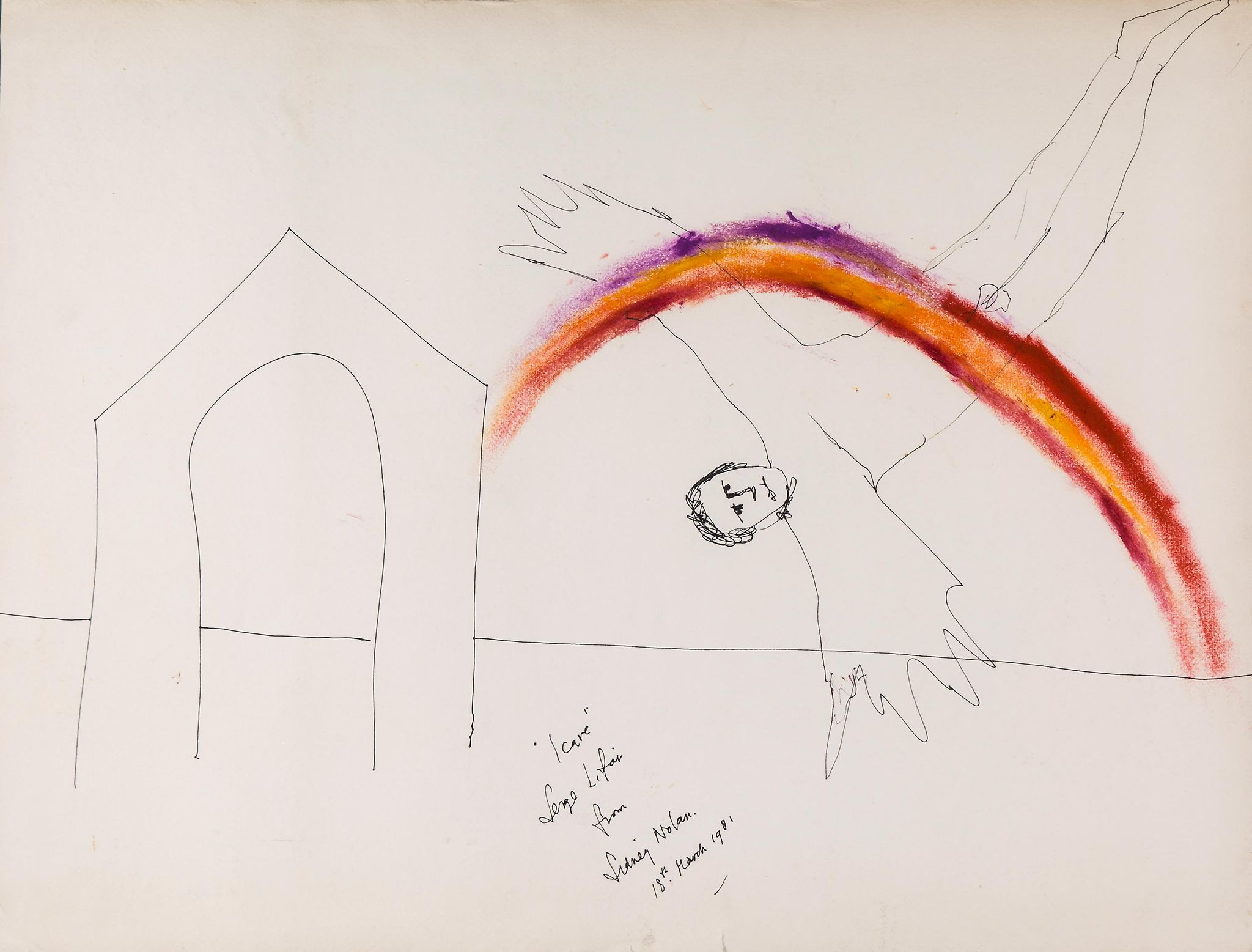 Sidney Nolan (1917-1992) - Icarus, 1981 oil over pen and ink on paper, titled, dedicated and dated