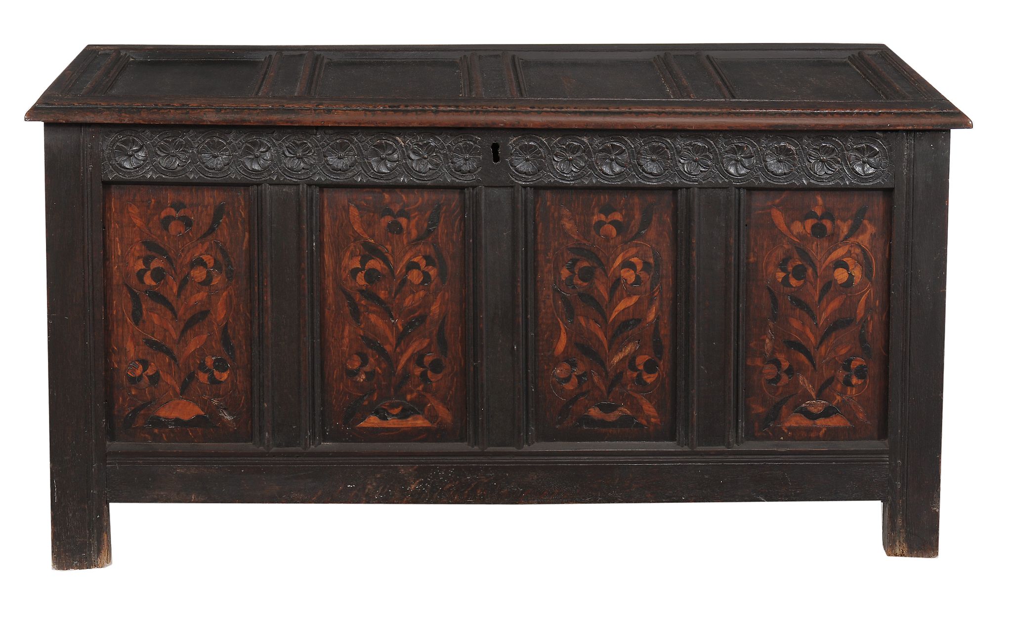 A Charles II panelled oak chest, circa 1660  A Charles II panelled oak chest,   circa 1660, the