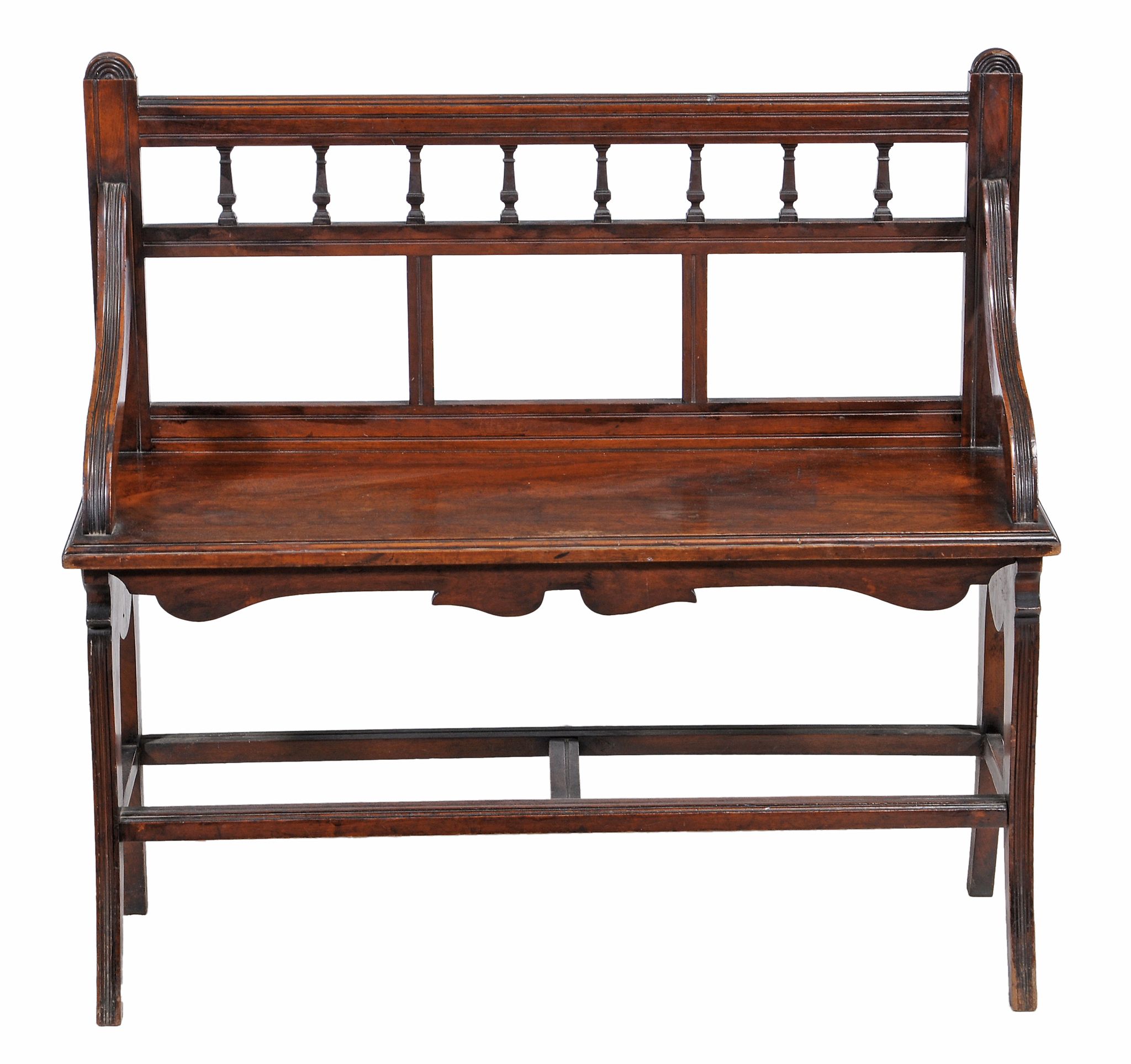 A Victorian mahogany hall bench, circa 1890, in the Shoolbred manner  A Victorian mahogany hall