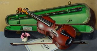 Frederick Clifford Harrison (1901-1984) - A trompe l'oeil with a violin Oil on board Initialed   CH