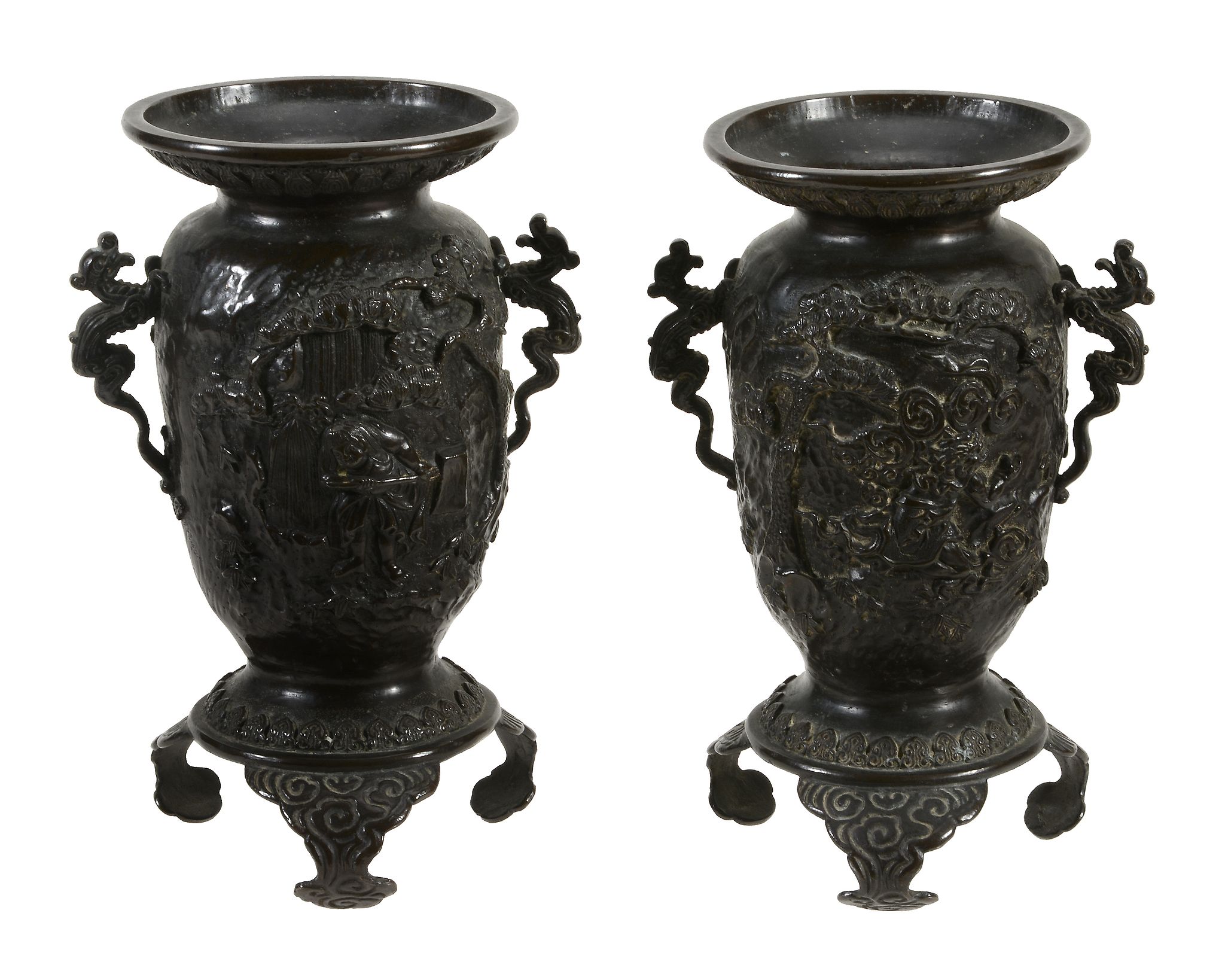 A Pair of Japanese Bronze Vases, each of tapered cylindrical form resting on...  A Pair of