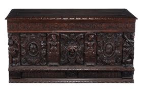 A carved oak coffer in 17th century style, late 19th century  A carved oak coffer in 17th century