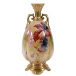 A Royal Worcester quatrefoil section two-handled ovoid vase signed by K  A Royal Worcester