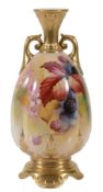 A Royal Worcester quatrefoil section two-handled ovoid vase signed by K  A Royal Worcester