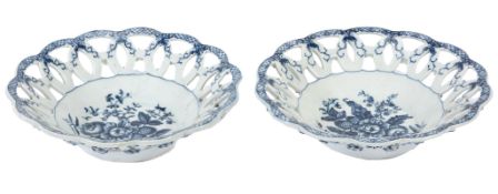 A pair of Worcester blue and white pierced round baskets, circa 1785  A pair of Worcester blue and