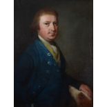 English School (18th Century) - Portrait of a gentleman in a blue jacket and wastcoat, with a dog