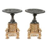 A pair of Continental patinated and gilt bronze and marble mounted tazze on...  A pair of