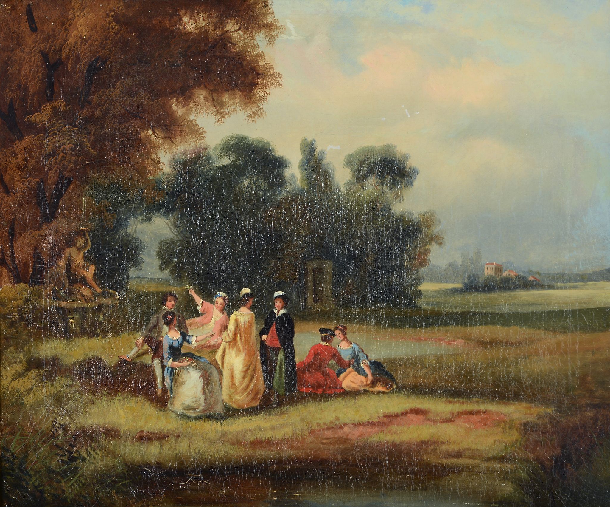 French School (19th Century) - A garden party; figures resting by a pond, with classical sculpture - Image 2 of 2