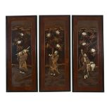 A Set of Three Japanese Lacquered and Inlaid panels  A Set of Three Japanese Lacquered and Inlaid