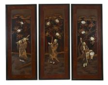 A Set of Three Japanese Lacquered and Inlaid panels  A Set of Three Japanese Lacquered and Inlaid