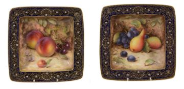 A pair of Royal Worcester square-section dishes signed by R  A pair of Royal Worcester square-