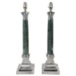 A pair of variegated green marble and silver plated metal mounted columnar...  A pair of