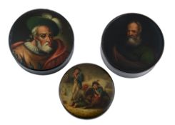 Two German lacquered and painted papier mache cylindrical boxes  Two German lacquered and