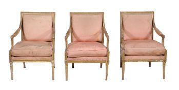 A set of three giltwood and upholstered armchairs in the George III style  A set of three giltwood