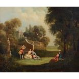French School (19th Century) - A garden party; figures resting by a pond, with classical sculpture