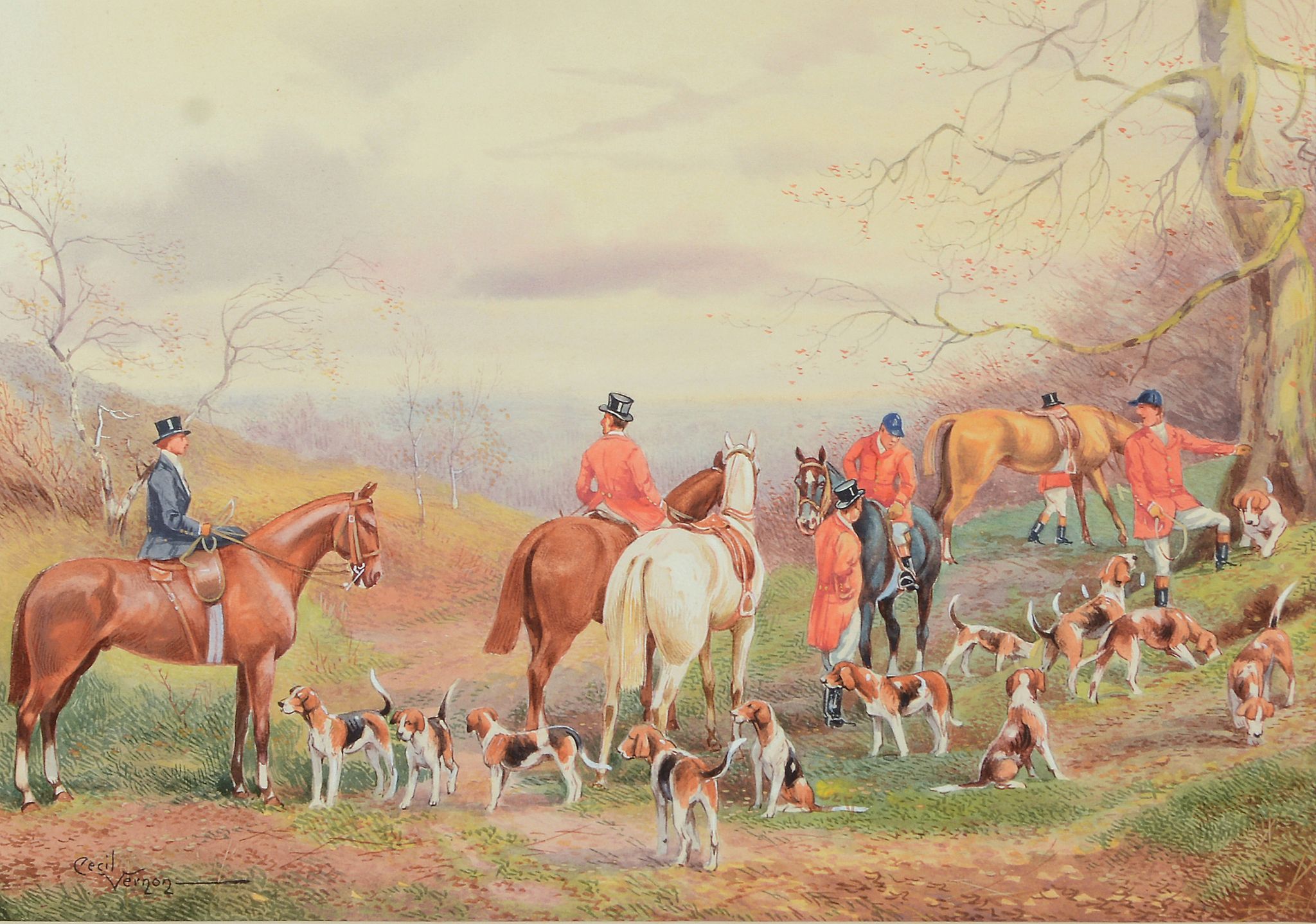 Cecil Vernon (Early 20th Century) - The meet; hounds moving off to draw; full cry; run to earth - Image 4 of 4