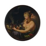 A fine German lacquered and painted papier mache circular snuff box  A fine German lacquered and