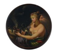 A fine German lacquered and painted papier mache circular snuff box  A fine German lacquered and