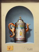Christopher John Harrison (b. 1945) - A trompe l'oeil with oriental teapot Oil on board