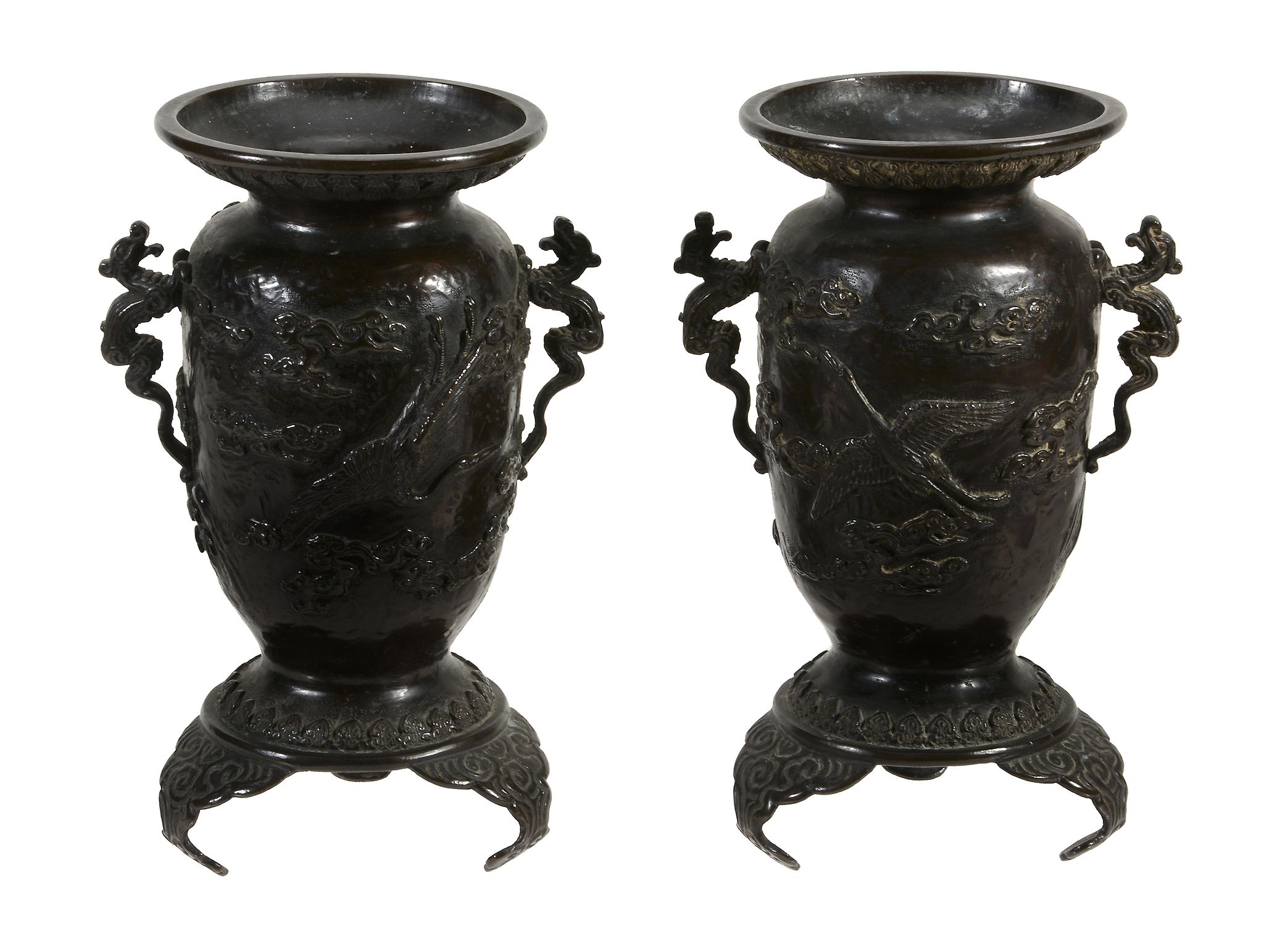 A Pair of Japanese Bronze Vases, each of tapered cylindrical form resting on...  A Pair of - Image 2 of 3