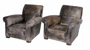A p air of leather upholstered armchairs , circa 1930  A p air of leather upholstered armchairs  ,