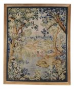 A Continental woven woolwork wall tapestry in the Flemish Verdure style  A Continental woven