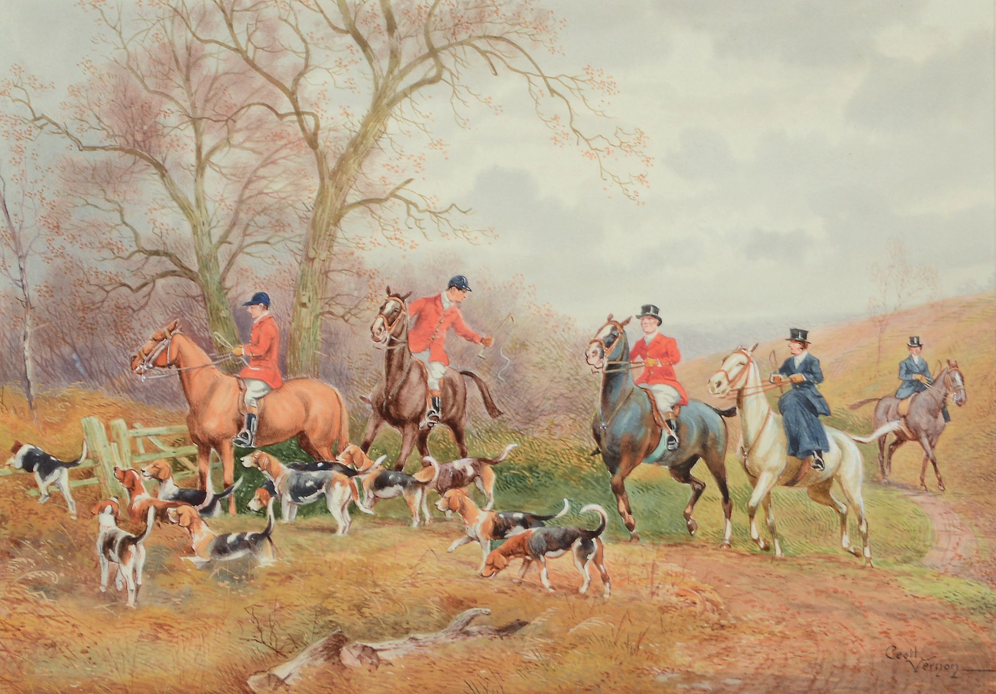Cecil Vernon (Early 20th Century) - The meet; hounds moving off to draw; full cry; run to earth - Image 3 of 4