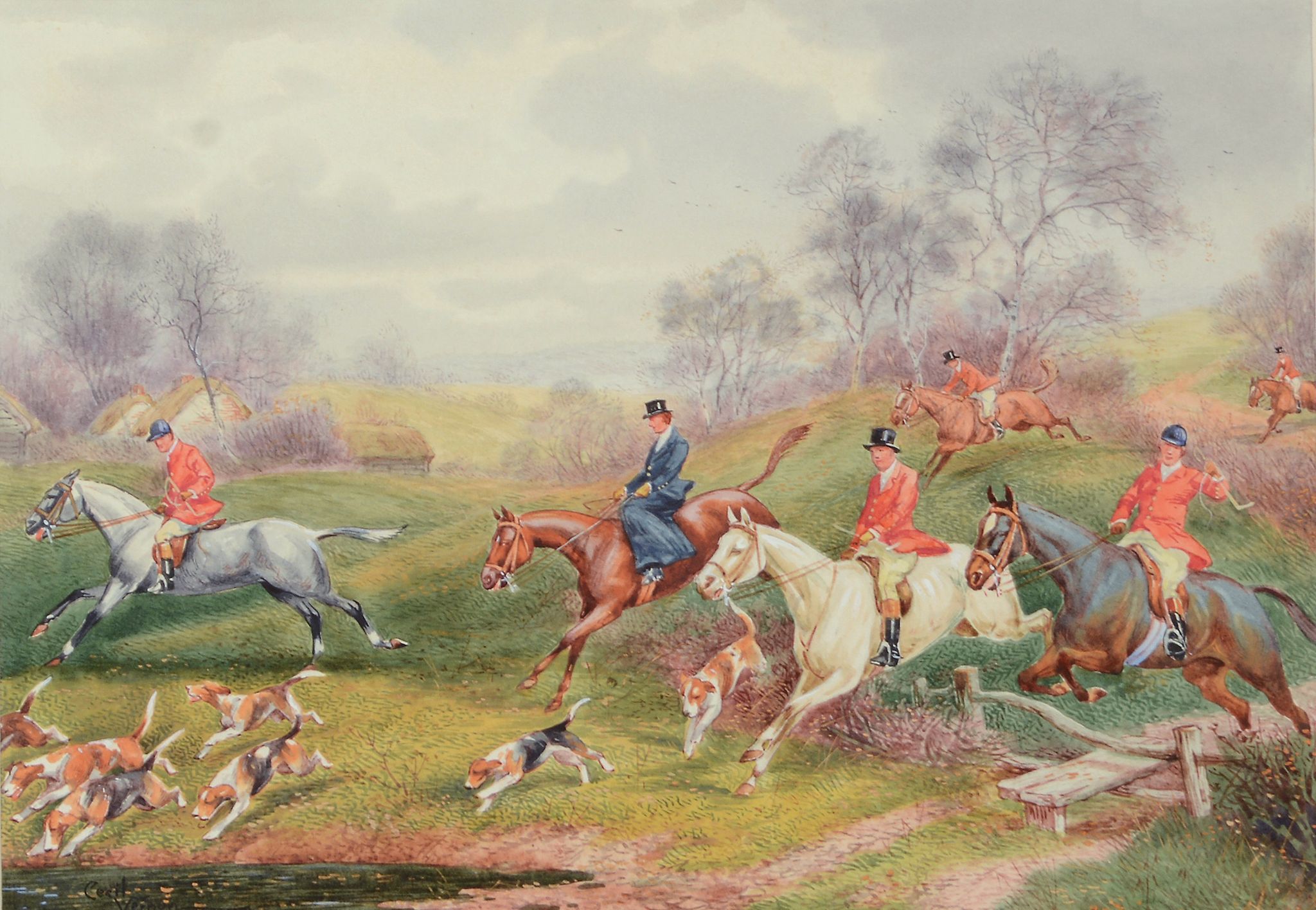 Cecil Vernon (Early 20th Century) - The meet; hounds moving off to draw; full cry; run to earth - Image 2 of 4