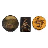 A German lacquered and painted papier mache snuff box, possibly by Stobwasser  A German lacquered