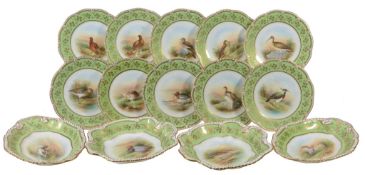 An Aynsley green-ground ornithological part dessert service signed by F  An Aynsley green-ground