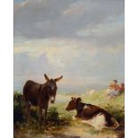 Follower of Sir Edwin Henry Landseer (1802-1873) - Donkey and cow with shepherds in a landscape