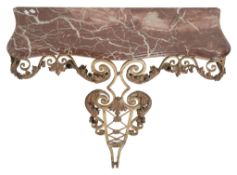A Continental wrought iron and marble mounted console table  A Continental wrought iron and marble